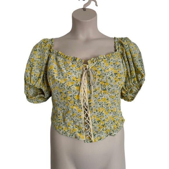 ASTR Womens Floral Smocked Top Medium Yellow Puff Sleeve Cropped Boning NWT - Picture 6 of 12
